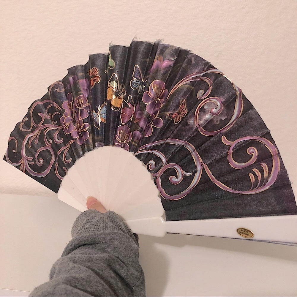 Dark Purple Handheld Folding Fan w/ Butterflies & Flowers